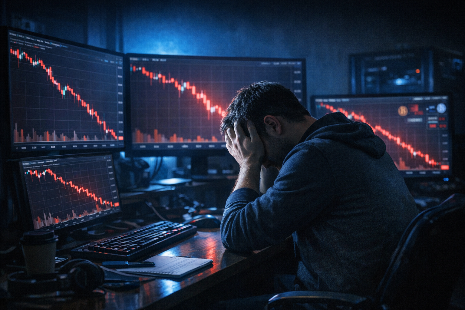 Sad trader with head in hands at crashing computer screens