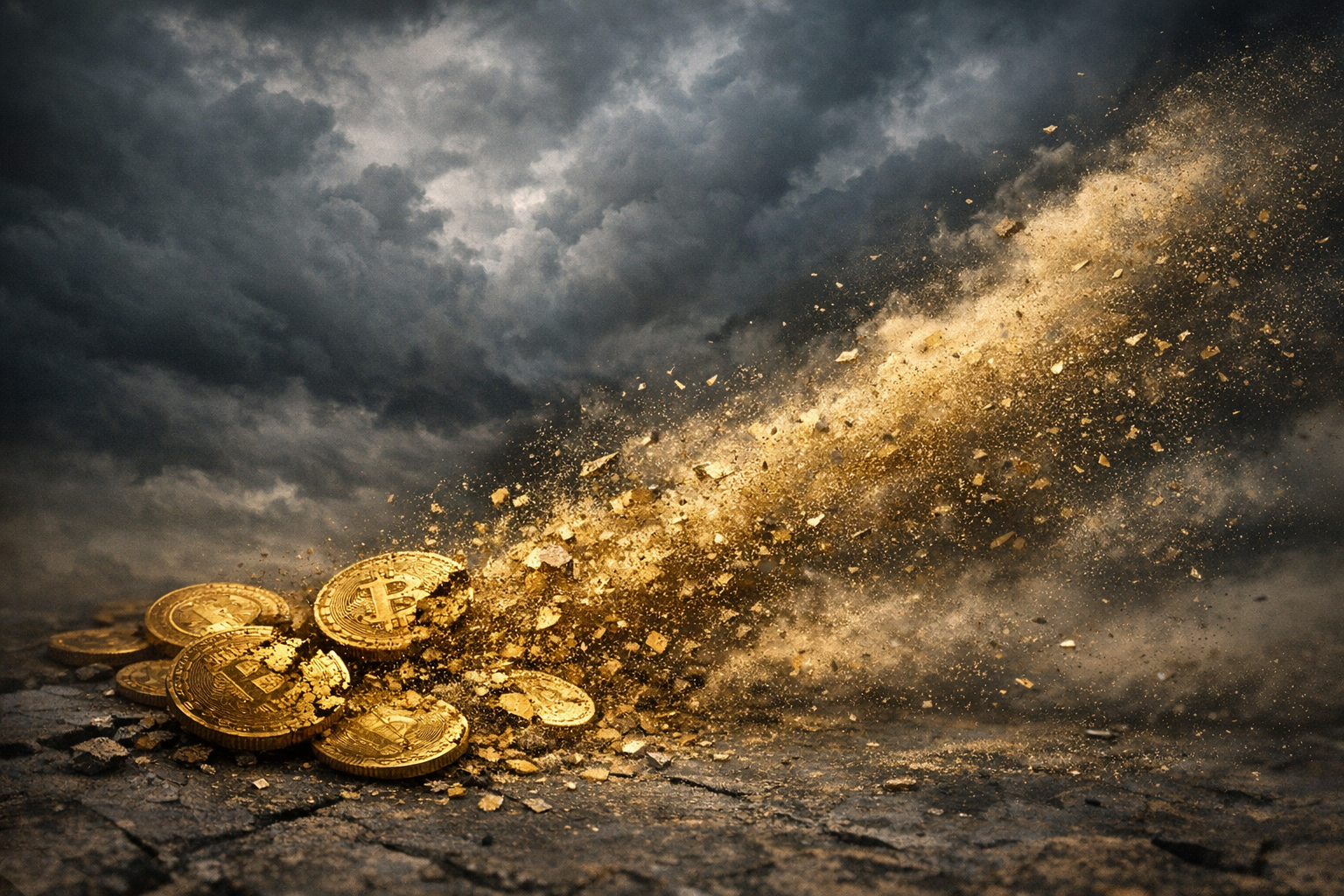 Golden crypto coins turning to dust in the wind