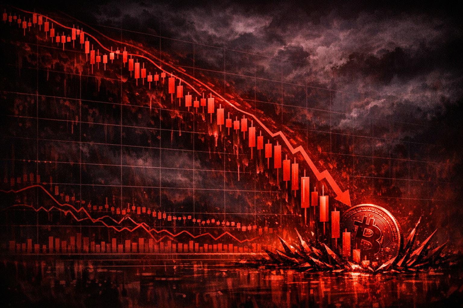 Dramatic crypto chart showing 50% crash with red candlesticks